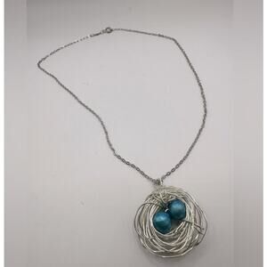 Twin Bird 2 Blue Eggs Silver tone Wire Birds Nest Sarah Coventry necklace